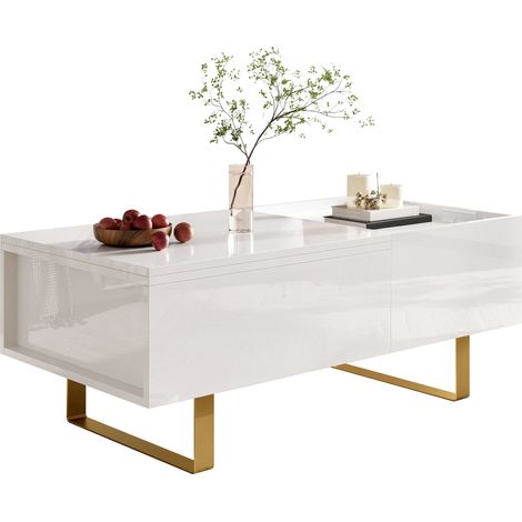 Table basse relevable avec rangement, plateau à hauteur réglable, tiroir coulissant et pieds en métal doré, finition blanc brillant – CHICFURN (1/5)
