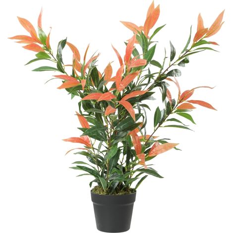 Plante artificielle Glanzmispel 90 cm, 300 feuilles, branches ajustables, pot stable avec socle ciment, rouge et vert, pour intérieur - CHICFURN (1/5)