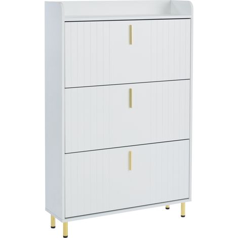 Scarpiera stretta con 3 ante a ribalta e 6 scomparti in MDF bianco 80x23,5x123,5 cm (1/5)