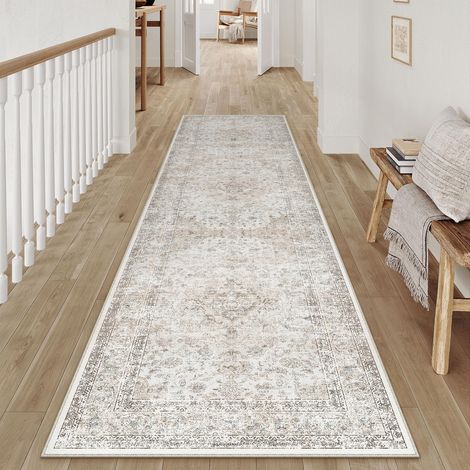 Vintage Tapis de couloir lavable, beige, antidérapant, à poils courts, doux, bohémien, crème, pour cuisine, couloir, salon, chambre à coucher, tapis de lit, bureau, tapis rétro - 60x240cm (1/5)
