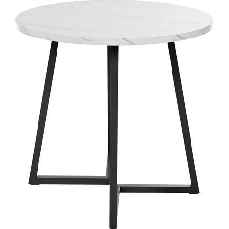 Mesa de comedor redonda de 80 cm con tablero efecto mármol y estructura metálica, blanca y negra (1/5)