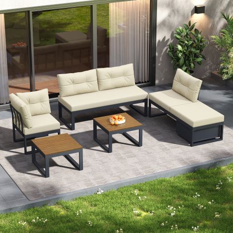Salón de jardín modular beige con respaldo regulable 3 posiciones, función tumbona, almacenaje y cojines gruesos (1/5)