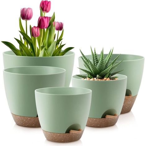 Ensemble de 5 pots à arrosage automatique, pots en plastique de différentes tailles avec trou de drainage et bord d'arrosage (18/16,5/15/14/13 cm) (1/4)
