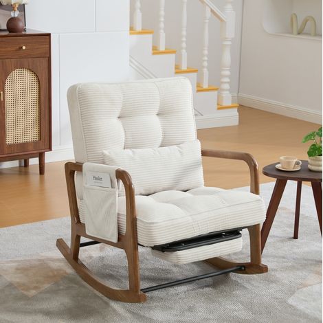 Silla mecedora con reposapiés, respaldo regulable, bolsillo lateral, corduroy beige (1/5)