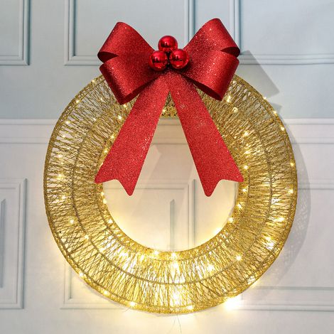 30cm Outdoor Christmas Wreath with LED Lights and Bow, Lighted Metal Christmas Wreath Decoration for Xmas Home Wall Front Door Window Garage (Golden Red) (1/2)