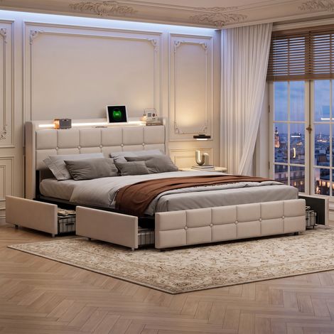 Lit double 140x190 avec 4 tiroirs, lit 140x190 led avec sommier, port USB, tissu de lin, beige (1/5)