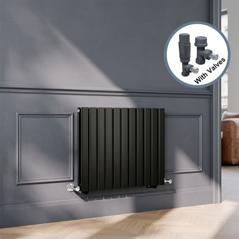 ELEGANT Black Flat Panel Central Heating Radiator with Anthracite Angled Thermostatic Radiator Valves 600 x 748mm Horizontal Double Panel Rads (1/5)