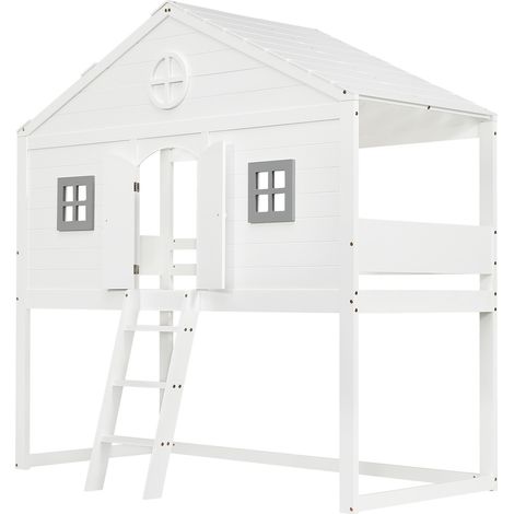Kinder-Hochbett mit Treppe 90 x 200 cm Holz und MDF weiß grau MODENUIT (1/5)