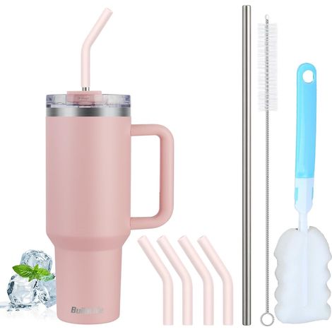 Tasse isotherme acier inoxydable avec paille, Rose, 1200ml  Poignée, Double paroi, Sans BPA, Anti-fuite, Lavable au lave-vaisselle (1/5)