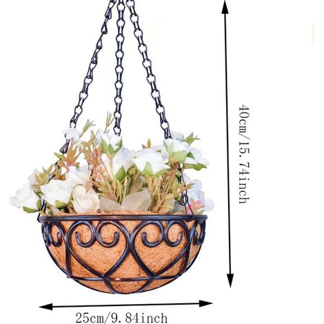 (40-25) Pot de fleurs suspendu rond en fer brun noix de coco avec chaîne, style européen créatif, pour plantes vertes charnues (Chlorophytum Comosum). (1/4)