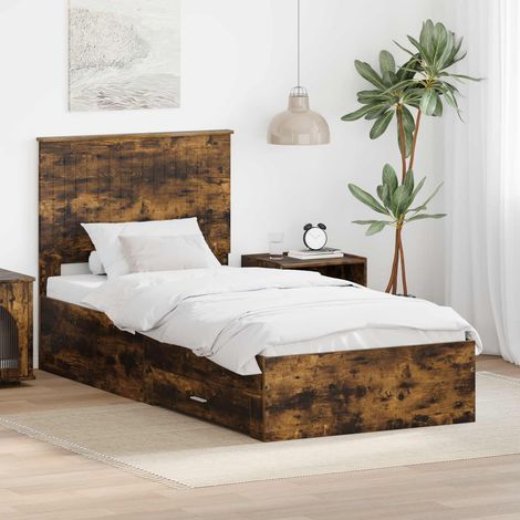 Cadre de lit 90 x 190 cm avec tiroirs, tête de lit, bois d’ingénierie, chêne fumé - PANGIVO (1/5)