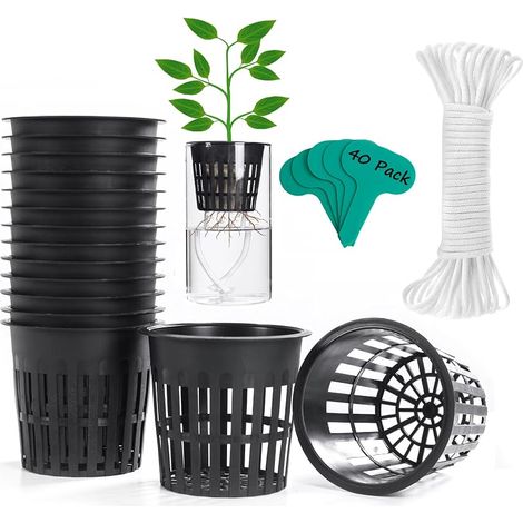 ORIMERC Lot de 40 pots en filet de 10,2 cm pour fournitures hydroponiques avec mèche à arrosage automatique de 18,3 m pour seaux aquaponiques, insert pour orchidées, légumes, légumes, paniers de (1/5)