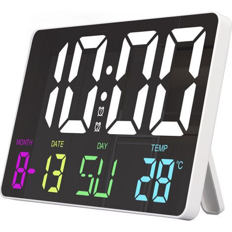 Horloge murale numérique avec télécommande, couleurs RGB, luminosité réglable sur cinq niveaux, calendrier LED, température, grand réveil numérique pour chambre, DC5V blanc (1/5)