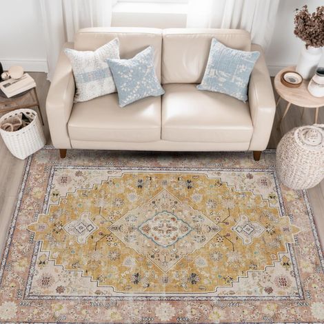 Tapis Persan Jaune 120x170 cm, Tapis Vintage Oriental, Lavable (1/5)
