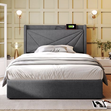 Lit coffre rembourré 90x200 cm, lit simple avec tête de lit USB-C, rangement intégré, sommier à lattes, revêtement en Lin (1/5)