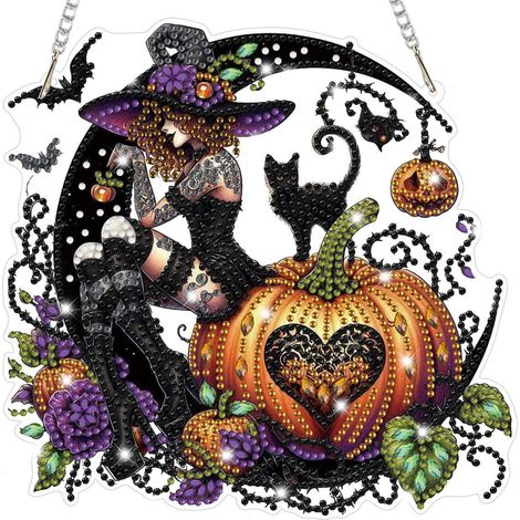 Halloween Diamond Painting Anhänger Hexe Kürbis Fensterbild Bastelset