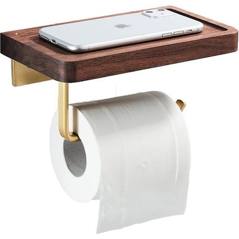 Toilettenpapierhalter aus Holz, Toilettenpapierhalter mit Ablage, Wandmontage ohne Bohren oder Spirale, Rollenhalter (1/5)