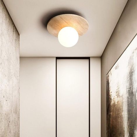 Lampe semi-plafonnière boule verre blanc laiteux style rétro, base marbre, ampoule G9 3000K (1/2)
