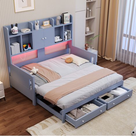 Lit banquette 90x190 cm avec lit gigogne, 2 tiroirs, étagères, placard, niches ouvertes, prise intégrée et LED, gris (1/5)