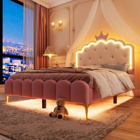 Lit enfant 140x200 cm, sommier inclus, lit princesse rembourré rose en PU avec LED d'ambiance, cadre métal, sans matelas (1/5)