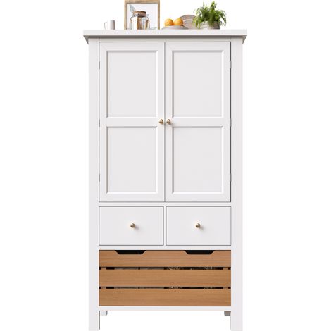 Buffet haut multifonction avec 2 portes et 5 tiroirs 80x40x140 cm en MDF blanc et noir (1/5)