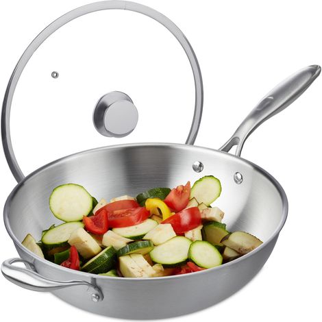 Relaxdays Padella Wok, Ø 32 cm, Acciaio Inox non Rivestito, Coperchio Vetro, per Fornello Elettrico e Induzione, Argento (1/5)