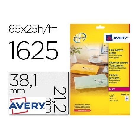 Etiqueta adhesivas avery din a4 imprimibles transparente 38,1x21,2 mm caja de 25 hojas con 1625 etiquetas