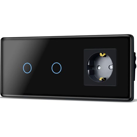 Interrupteur tactile avec prise, prise standard UE 1 compartiment, double, 1 voie, avec interrupteur encastré avec plaque en verre incurvé 2,5D, 86 x 228 mm, noir (1/5)