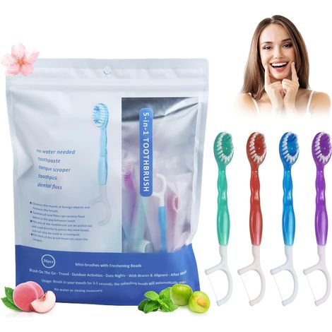 Mini Brosse a Dent Jetable avec Dentifrice 26 Brossettes à Dents Jetables 5 en 1, avec Dentifrice Pré-Enduit, Fil Dentaire, Brosse à Langue, Cure-Dents, Compactes et Portables pour Voyage (1/5)