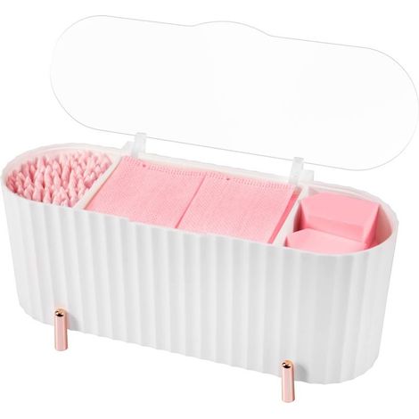 Boîte coton - tige, distributeur de coton avec couvercle transparent, 3 compartiments pour ranger l'organisateur de démaquillage en coton pour la salle de bain de la vanité (blanc) (1/5)