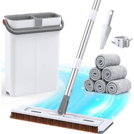 Mop and Brush Kit, 40cm Head, Double Wringer Bucket, 6 Microfiber Pads, For Home Floors (1/5)