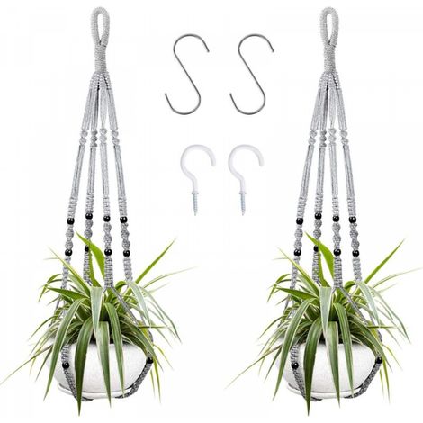 Suspension pour plantes d'intérieur en corde de coton grise, 98 cm, avec perles en bois, pour décoration intérieure, sans crochets, 2 paires (1/5)