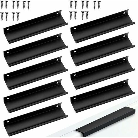 10pcs Poignées de meuble Poignée d'armoireEspacement des vis Dissimulée Poignée Poignée de Meuble en Aluminium Cuisine Poignées Poignée de tirage de bord de doigt dissimulée noire (12cm) (1/5)