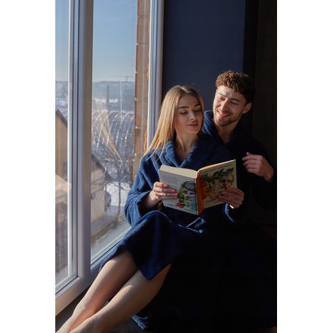 Unisex-Frotteebademantel mit Taschen, 100 % Baumwolle, marineblau, Größe L (1/5)