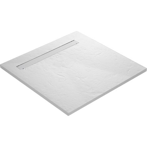 Receveur de douche caniveau en résine imitation ardoise - blanc + natte étanche + siphon ultra plat - 100 x 100 cm (1/5)