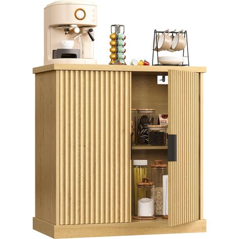 Buffet, Console, Meuble de Rangement avec Étagères Réglables, Portes Cannelées, Style Transitionnel, pour Cuisine, Salle à Manger, Beige Chêne BBK344Y01 (1/5)
