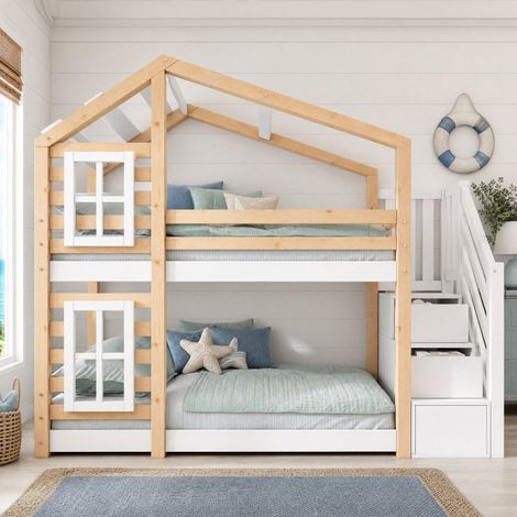 Etagenbett für Kinder 90 x 200 cm im Hausstil mit Stauraum und 2 Lattenrosten, naturweiß HAVRYA (1/5)