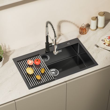 Fregadero de cocina de acero inoxidable de 75 x 45 cm, fregadero empotrado grande, fregadero de cocina para Mueble a partir de 80 cm, incluido desagüe y escurridor fregadero - gris negro (1/5)