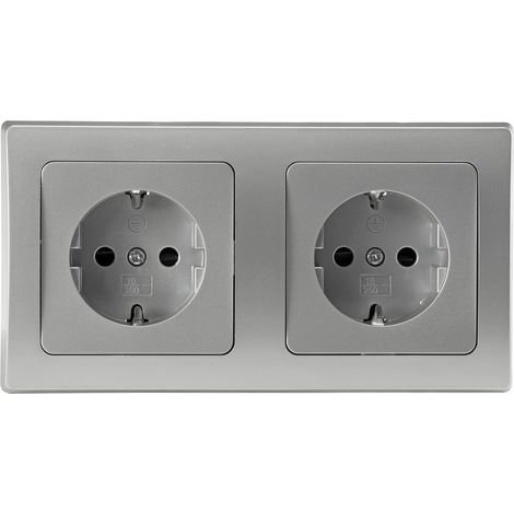 Prise encastrée - Double prise de courant - Prise de terre avec protection de contact accrue - Avec cadre - Couleur : argenté/gris (1/5)