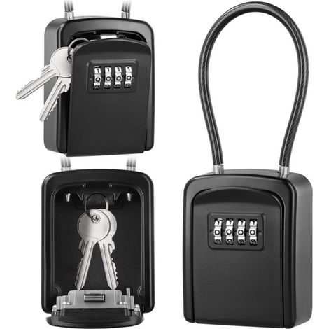[JAMAIS UTILISÉ] Boîte à Clé en Câble Métallique, Boîte à Clé Sécurisée Combinaison à 4 Chiffres Extérieur étanche, pour Entrepôts, Porte, Garages, Entrées de Secours - Noir