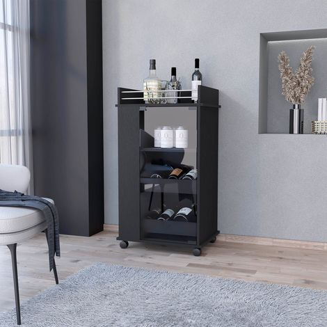 TUHOME Chariot de Bar Lusk avec Étagère pour 2 Bouteilles, Porte en Verre et Roulettes Pivotantes, Noir (1/5)