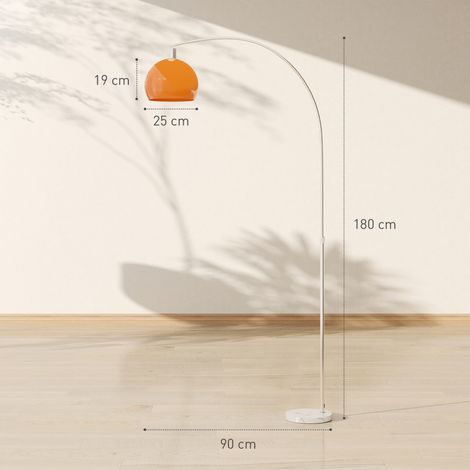 Lampadaire en forme d'arc avec pédale, en marbre, métal ou plastique, 26x90x180cm, blanc et orange. (1/5)