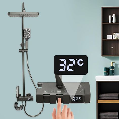 Système de douche en acier inoxydable - Robinet de douche à effet pluie - Kit de massage - Pommeau de douche LED - Mitigeur de salle de bain moderne - Grand kit de montage - Gris pistolet (1/5)