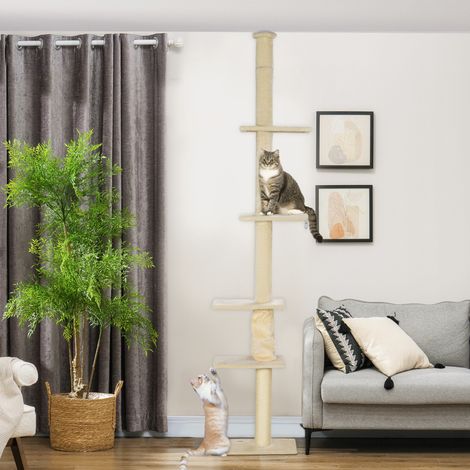 Árbol rascador para gatos, altura regulable de 225 a 275 cm, base estable, dispositivo antivuelco, funda de felpa, color blanco crema.