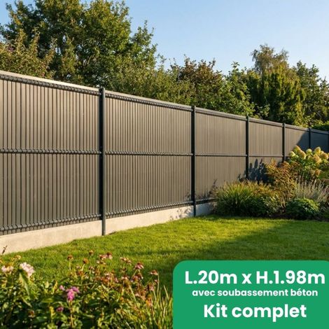 Kit complet grillage rigide gris anthracite L 20m fil 4/5mm 1m98 avec sous bassement béton occultant PVC gris