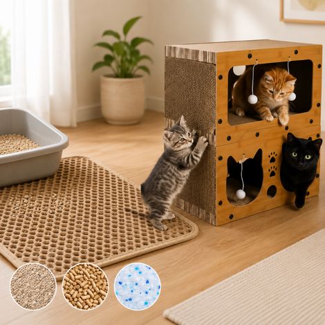Katzenstreu- und Kratzset (2-teilig) – 60 x 45 cm große Streumatte und zweistöckiger Kratzbaum (1/5)