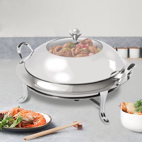 Runde Warmhalteplatte aus Edelstahl, robustes Gestell mit Deckel und Brennstoffbehälter zum Kochen, für Partys, Abendessen und Buffets, 3 l / 3,17 Pints