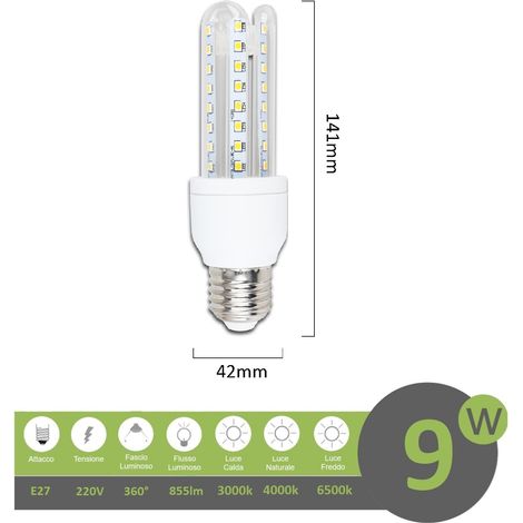 Lampadina led E27 9w 3U luce tubolare tubo attacco grande lineare bianca fredda fredda bianca 6500k (1/3)
