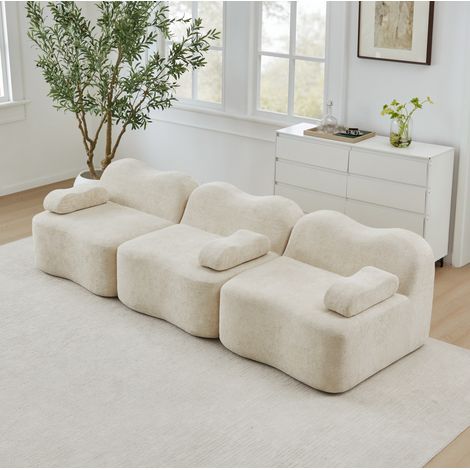 Canapé modulable 3 places en velours beige, assise profonde avec pouf raccordable (1/5)