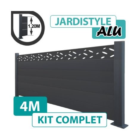 Kit Clôture Aluminium Gris Anthracite 4M - Design - Sur Platines - 1,20 mètre